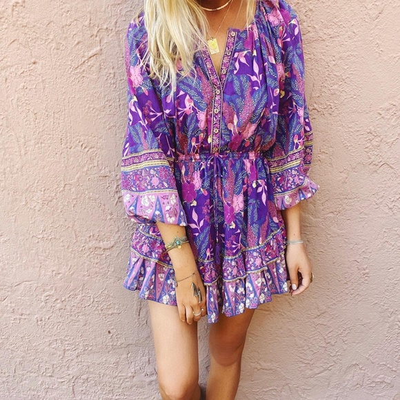 Bohemian Gypsy Purple Floral Print Mini Ruffle dress - Picture 10 of 16